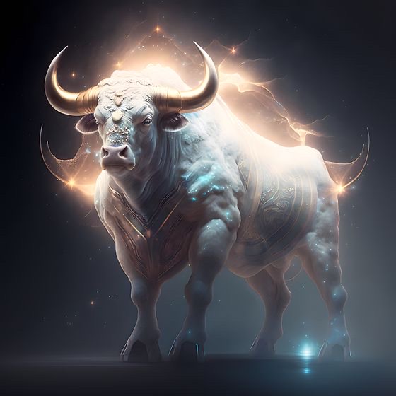 A cosmic white buffalo glowing with golden light