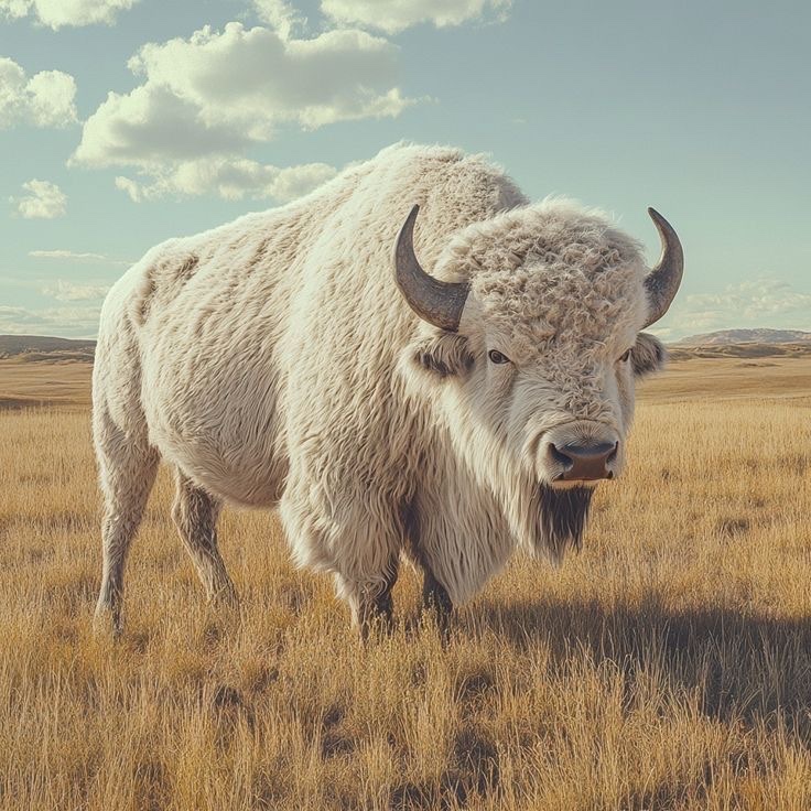 A white buffalo on the open prairie under a blue sky